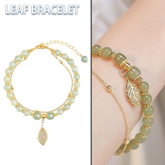 Jade Gold Leaf Bracelet Double Layers Chain Women Lucky Gift Adjustable l-