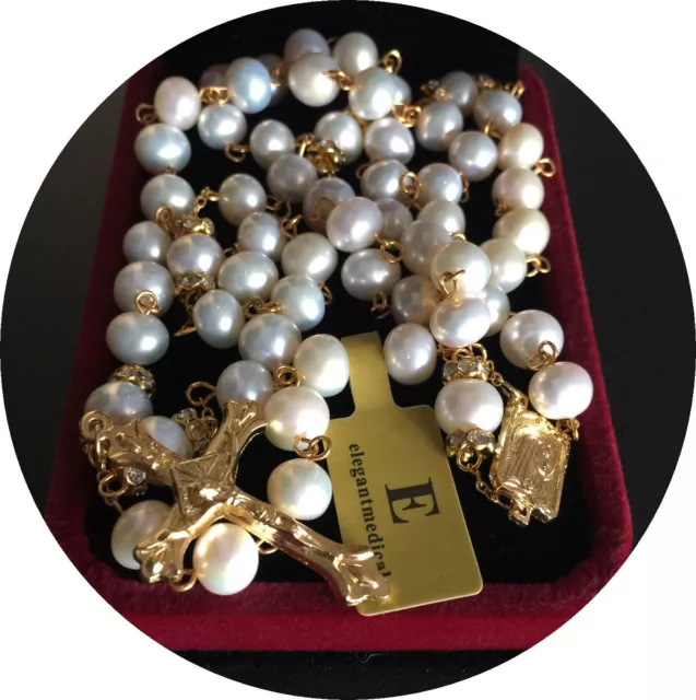 Catholic Glod 8Mm Real Pearl Beads Necklace Rose Rosary Cross Crucifix Gift Box