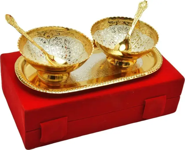 German Silver Gold Plated Bowl with Royal Red Velvet Box Capsul 5 Pcs Set