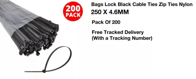 Pack Of 200 Black Quality Heavy Duty Nylon Plastic Cable Ties Zip Tie Wraps DIY