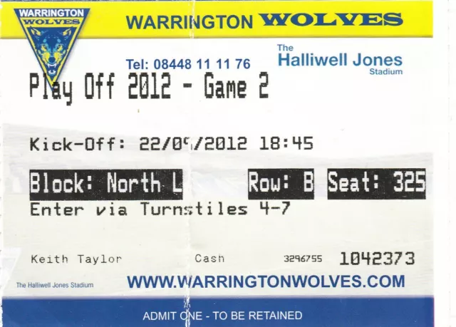 Ticket - Warrington Wolves v Hull FC 22.09.2012 Play Off Game 2