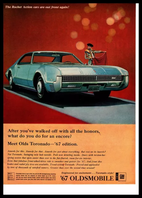 1967 Oldsmobile Toronado 2-Door Spanish Matador Bull Fighter GM Color Print Ad