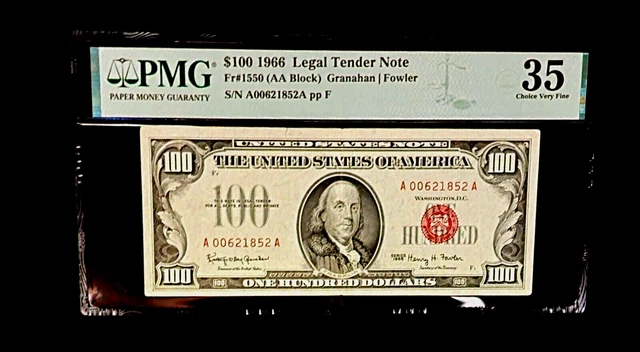 Fr.1550 AA Block 1966 $100 Legal Tender Note Red Seal, PMG 35 Small tear