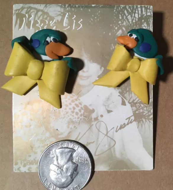 Vintage Handmade Birds with Bows Polymer Clay Pierced Earrings by Tigre Lis, NOS