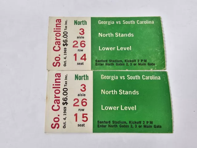 Vintage Lot Of 2 Oct 4 1969 Georgia vs South Carolina Football Tickets