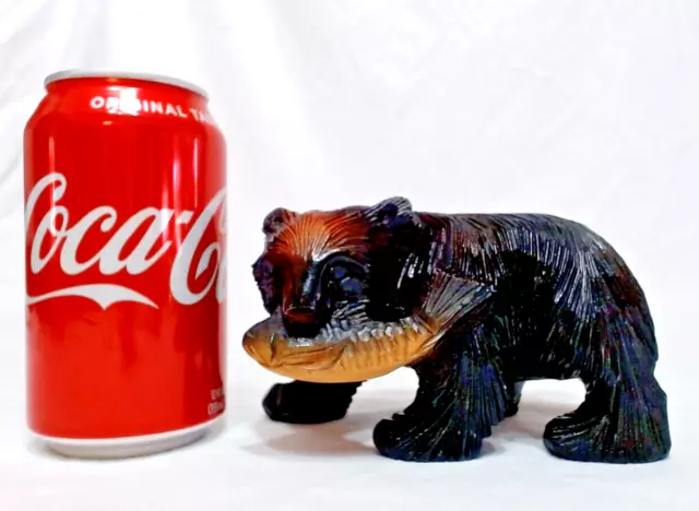 Vintage Wood Grizzly Bear Holding Fish In Mouth Figure 3-1/2 , Hand Carved