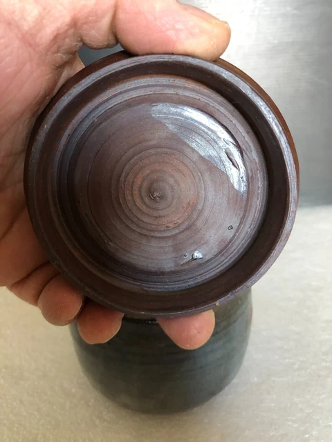 beurrier pot couvert grès décor bleu artisanat signature à identifier poterie 4