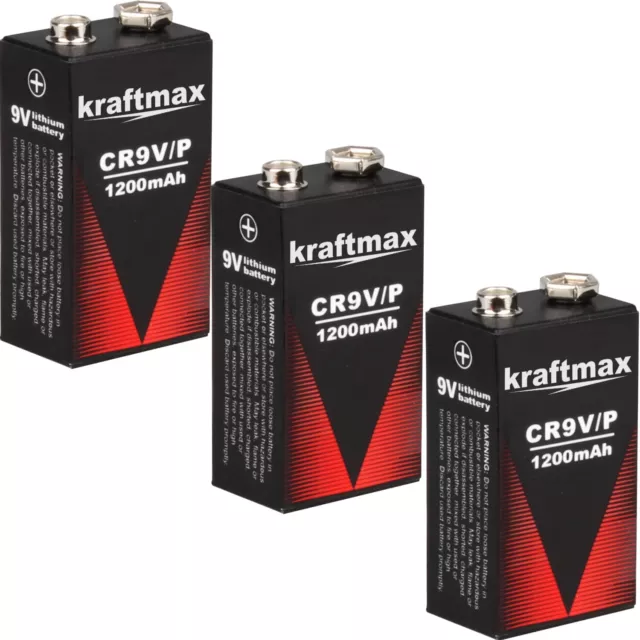 3x 9V Lithium Rauchmelder 10 Jahres Block Batterien mit 1200 mAh von kraftmax