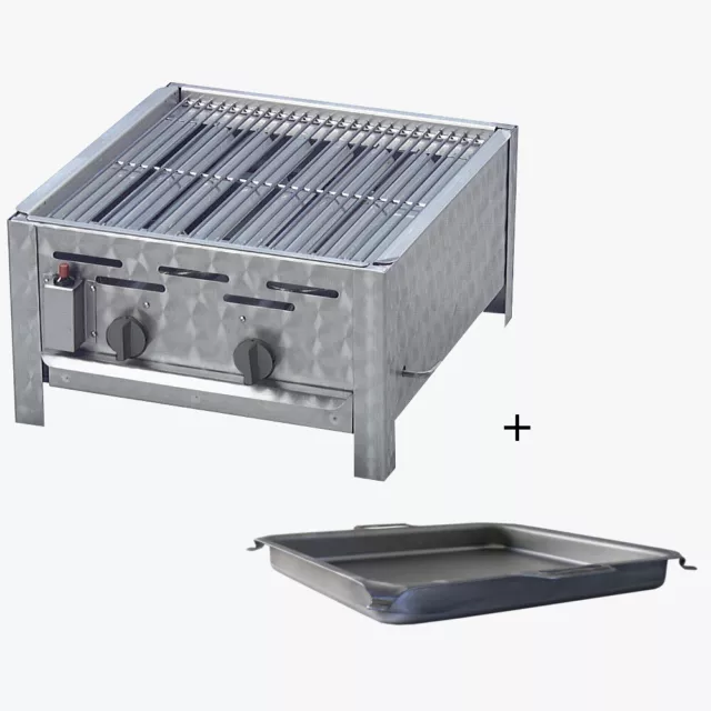 Gastrobräter Edelstahl 2 flammig für Party Gasgrill mit Rost und Stahlpfanne