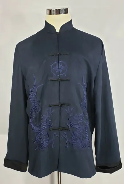 Beijiasi - Navy Blue Microfiber Mandarin Jacket - Heavy Embroidered Dragons - XL