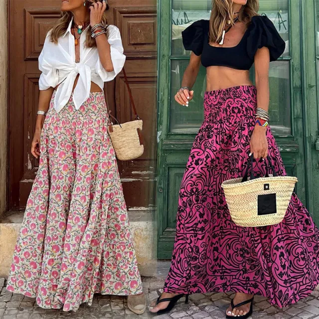 Womens Boho Floral Long Maxi Skirt Ladies High Waist Beach Holiday Swing Dress