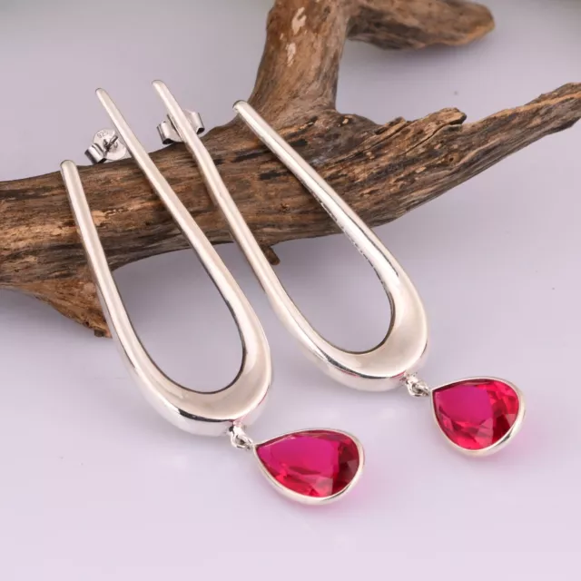 925 Sterling Silver Long Dangle Earring With Rubylite Tourmaline Pear Gemstone