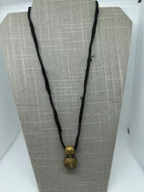 Vintage Bell Pendant & Black Silk Cord Necklace 28”