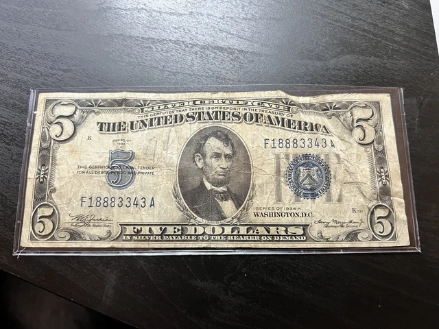 1934 D $5 Five Dollar Silver Certificate Blue Seal Note F18883343A