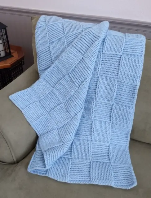 Handmade Baby Blue Knit Afghan Heavy Weight Single /Piece Squares Look 50 x 39"