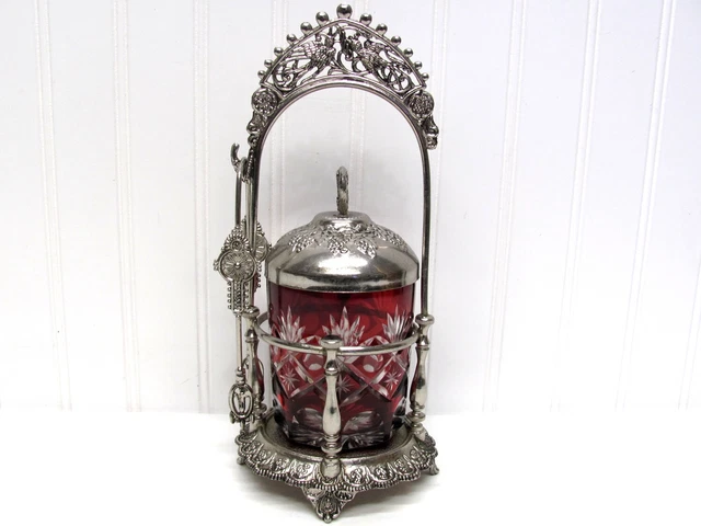 Victorian Style Cut to Clear Ruby Red Glass Silver Plate PICKLE CASTOR w/Tongs