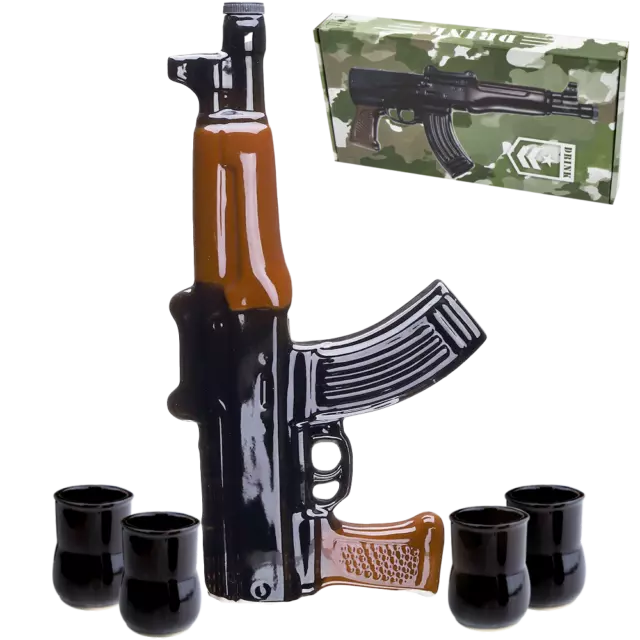 Geschenk-Set Souvenir Keramik AK-47 Flasche mit 4 Schnapsgläsern Stamper Stauf