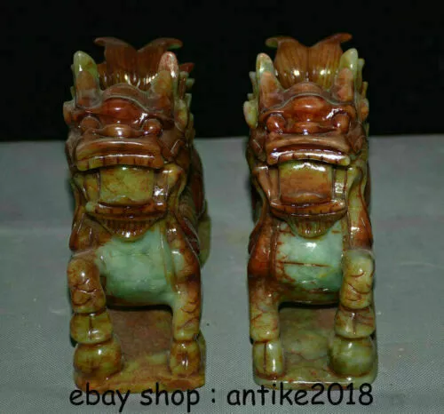 7.6" Old China Natural Xiu Jade Jadeite Carved Feng Shui Kylin Beast Statue Pair 2