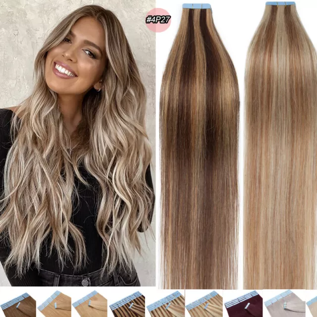 Womens Tape In Remy Human Hair Extensions Full Head Ombre Highlight Lady Soft 8A