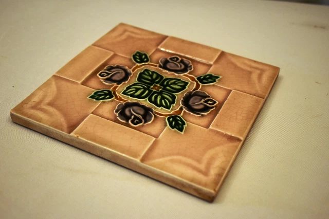 Vintage Japan Saji Tile Porcelain Ceramic Purple Rose Green Leaf Art Nouveau"901 3