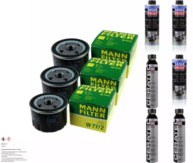 3xMANN-FILTER ÖLFILTER-W 77/2 +3xLiqui Moly Pro-Line Motorspülung/3x Cera Tec