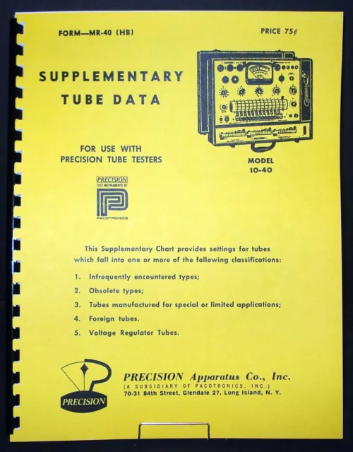 Precision Supplementary Tube Test Data for 10-40 Tube Testers