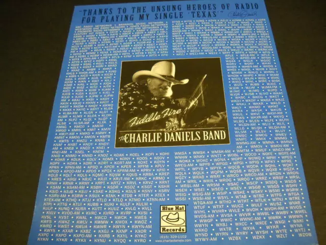 CHARLIE DANIELS Fiddle Fire list of Unsung Radio Stations 1998 PROMO POSTER AD