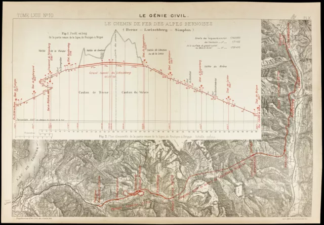 Plan ancien &carte : Chemin de fer des Alpes Bernoises. 1913 Génie civil Suisse