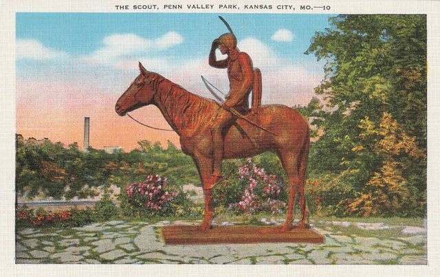 The Scout Memorial Penn Valley Park, Kansas City, MO. Linen Postcard