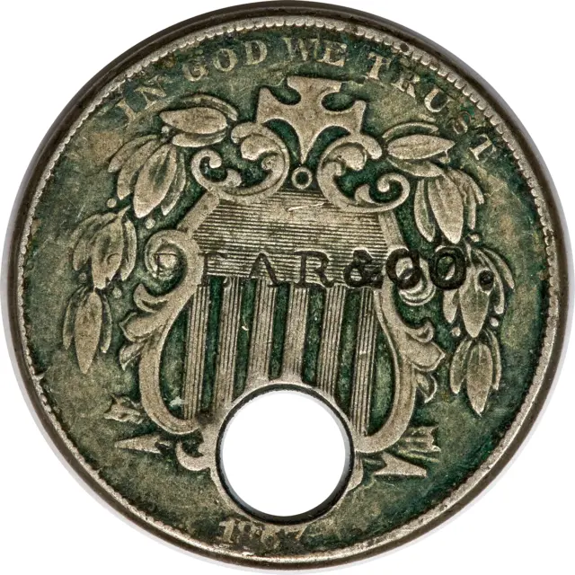 1867 Shield nickel with the SPEAR & CO. counterstamp.