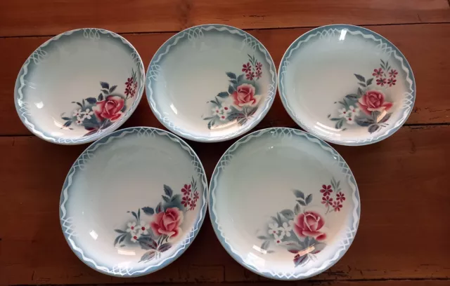 5 Assiettes calottes Digoin service OLGA E.G.P frise gris-bleu rose bordeaux TBE