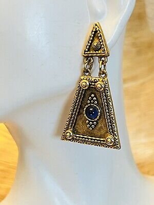 VTG Earrings Gold Bold Ornate Etruscan Revival Dangle Blue Cabochon Pierced Glam
