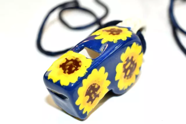 Vintage Ceramic Enamel Whistle Necklace Pendant Blue Daisy  Floral Flowers BX5