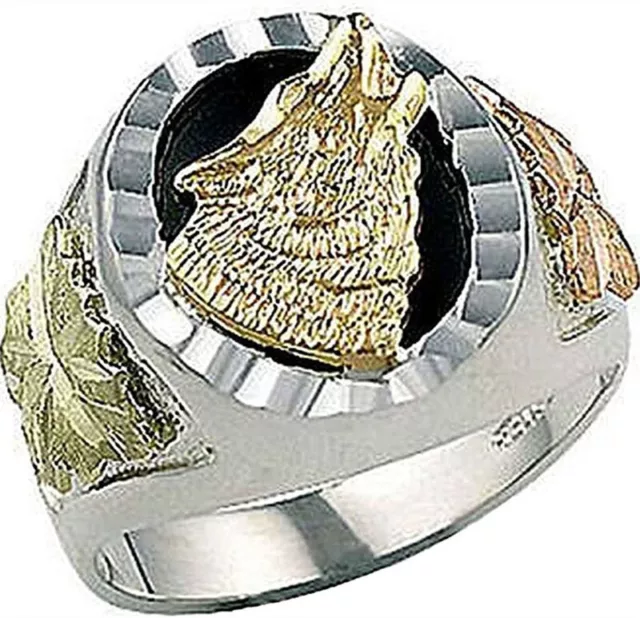 Mens 925 Silver Onyx Wolf With 10K Black Gold Wolf Ring Anniversary Ring Size 9