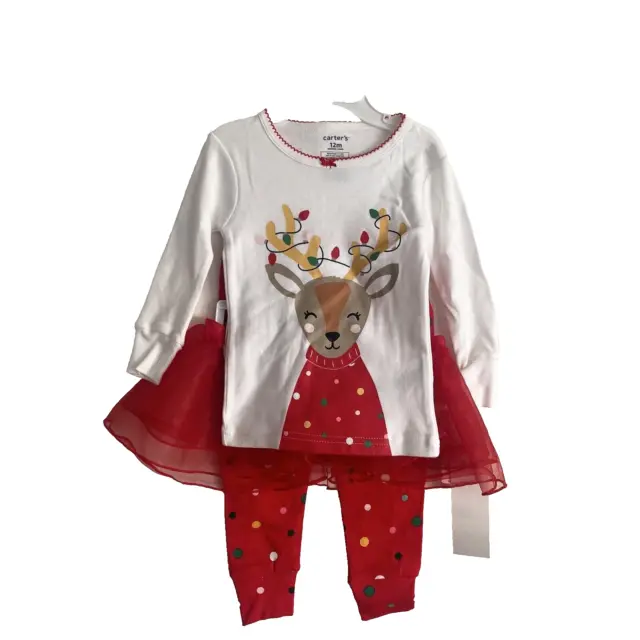 Carter’s Toddler Girl 12M Tutu Cute Reindeer Red/white Christmas Pj’s 3 Pieces