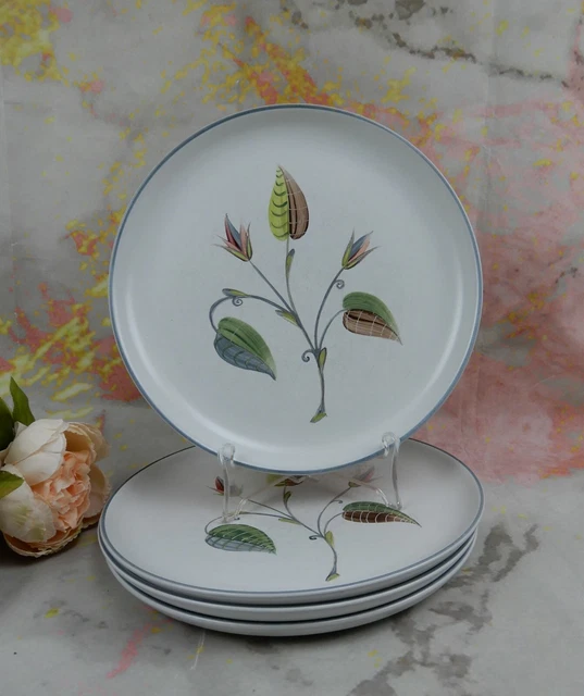 Set Of 4 Denby Langley Stoneware "Spring Leaf" Dinner Plates~Albert College 1958