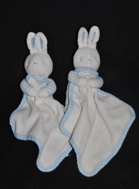 Lot 2 Peluche Doudou Lapin Bleu Rayé KLORANE Carré Mouchoir Blanc 20 Cm TBE