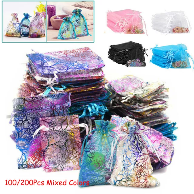 100/200Pcs Sheer Coralline Organza Gift Bags Jewelry Candy Pouches Wedding Party