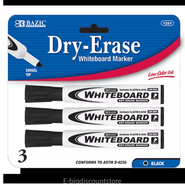 3 BLACK Color/Pack  WHITE BOARD MARKERS BAZIC Tip Dry Erase Marker Brand New!!