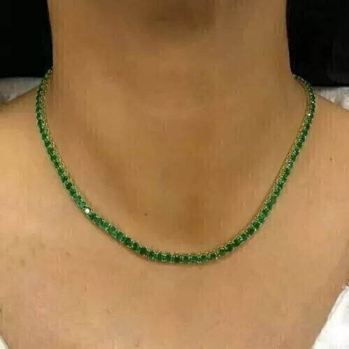 15Ct Round Cut Lab Created Green Emerald Tennis Necklace 14K White Gold Plated