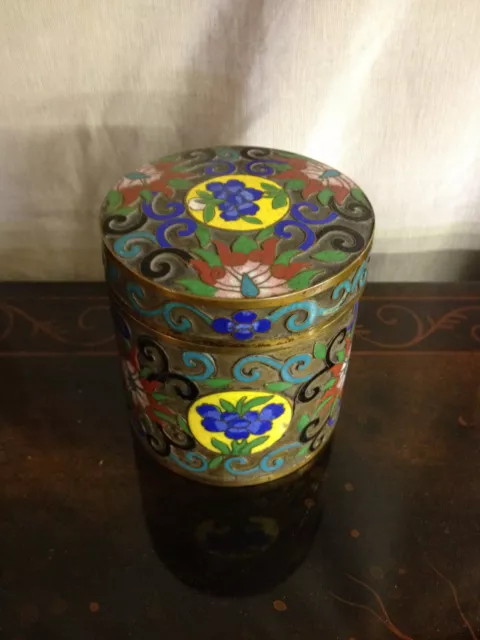 Vintage Antique Chinese Champleve Cloisonne Lidded Box / Canister