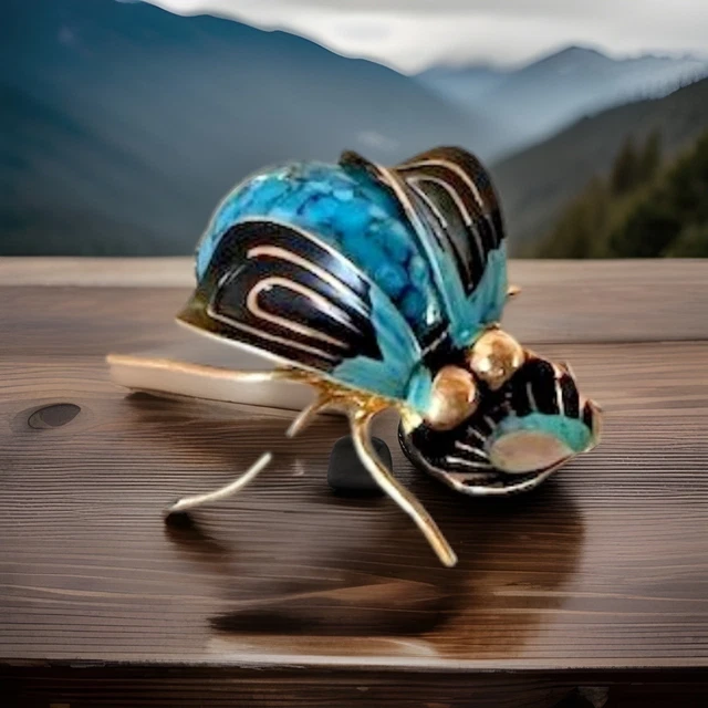 Petite Broche Art Déco Dorée Insecte Cigale Avec Perle D'amazonite - Style Vintage XZ16