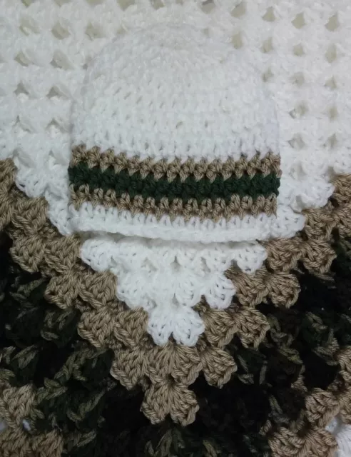 Crochet Baby Blanket Set, Baby Hat, Cream, Dark Camo Baby Shower Gift, Baby Boy 2