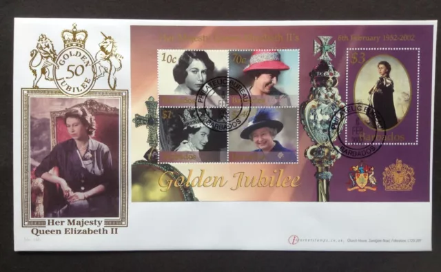 GB Buckingham 2002 QEII Golden Jubilee Barbados M/Sheet on First Day Cover