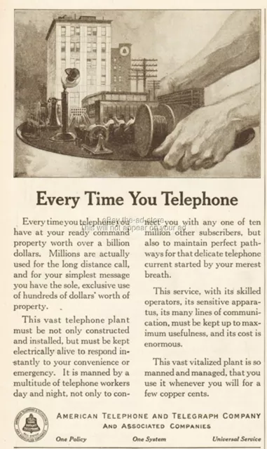 1919 American Telephone Telegraph AT&T Bell Phone Every Time Vintage Ad