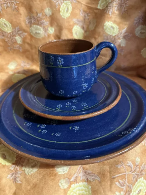 Vintage Hand Painted Signed Red Ware Mug Saucer And Plate