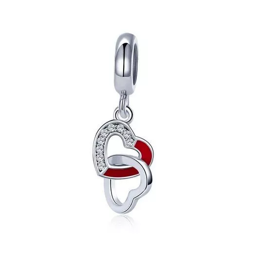 Charm 925 Silber Dangle zwei Herzen Steinchen - Anhänger für Pandora Armband