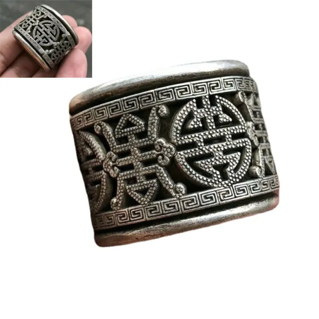Finger Ring Statue Old Chinese Tibet Silver Plated Fu Shou Pull Handcarved Gifts