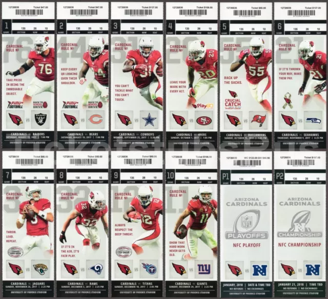 2017 NFL ARIZONA CARDINALS Season Ticket Stubs - Full Unused MINT!!!