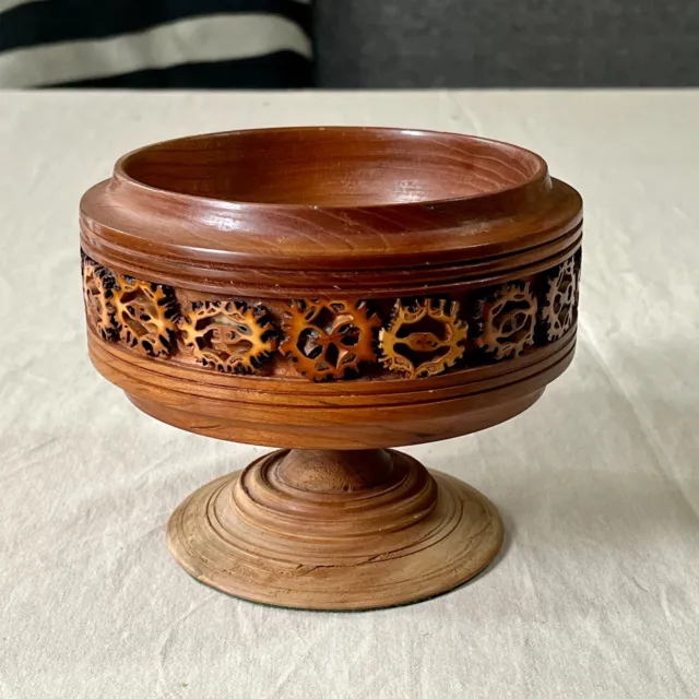 Vintage WALNUT SLICE Folk Art Turned Wooden Pedestal Bowl
